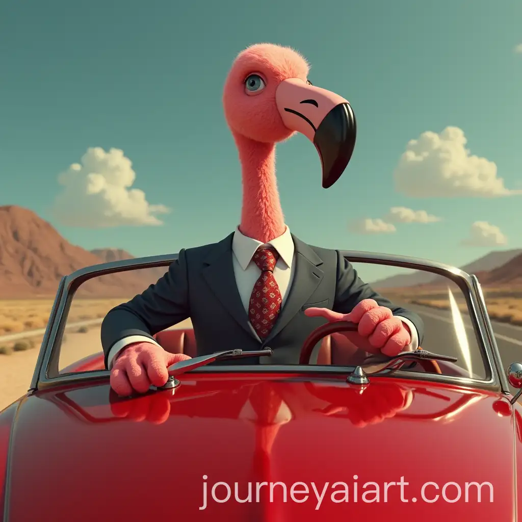 Flamingo-inAI-Art-Prompt-Expansion-a-Suit-Driving-a-Red-Car-in-Hyper-Realistic-Style