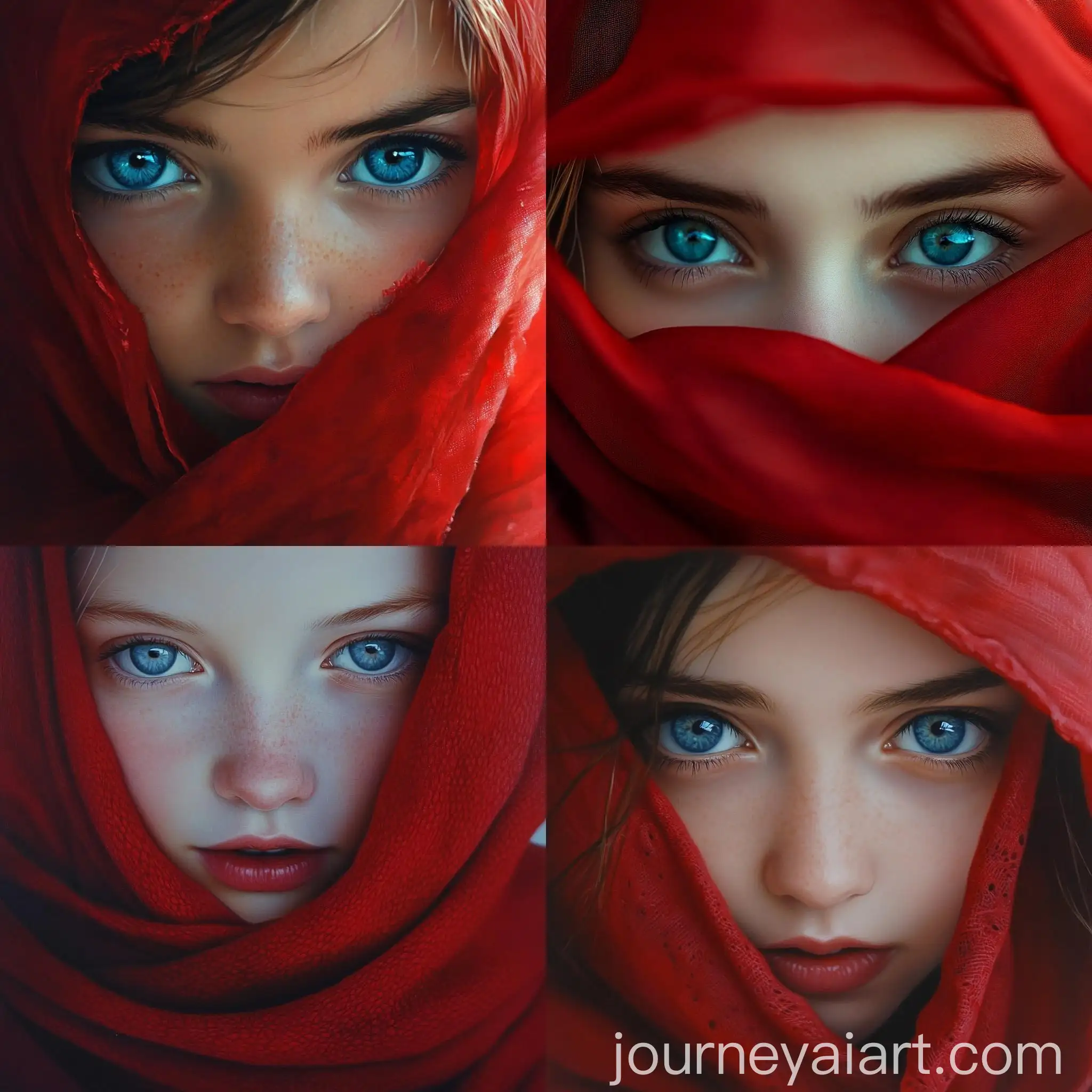 Portrait-of-a-Blushing-Girl-in-Red-Garment-and-Intense-Blue-Eyes