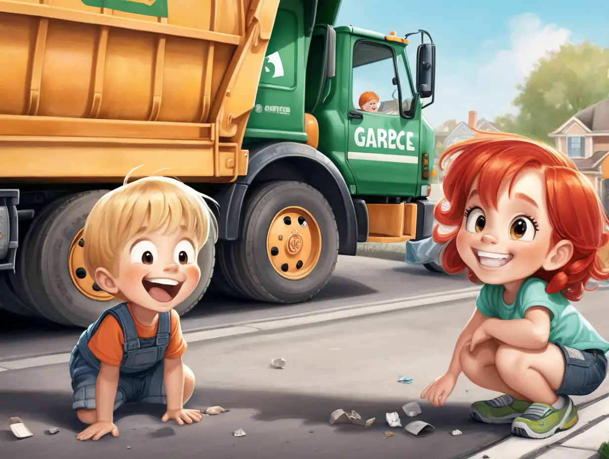 Children Watching Garbage Truck with Joyful Smiles