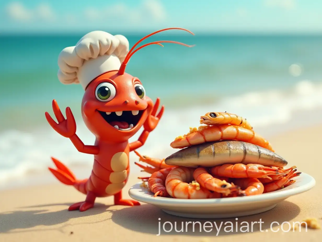 Joyful-Chef-Shrimp-with-Grilled-Seafood-Feast-on-Sandy-Beach