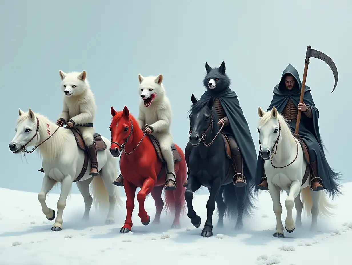 The first rider, shaggy, sickly white polar fox with small red spots on the body, on a white horse. The second rider, white angry polar fox with a bloody snout on a red horse. The third rider, very thin and skinny white polar fox (ribs visible) on a black horse. The fourth rider, very full white polar fox in a black cloak with a hood and a scythe, on a pale horse.