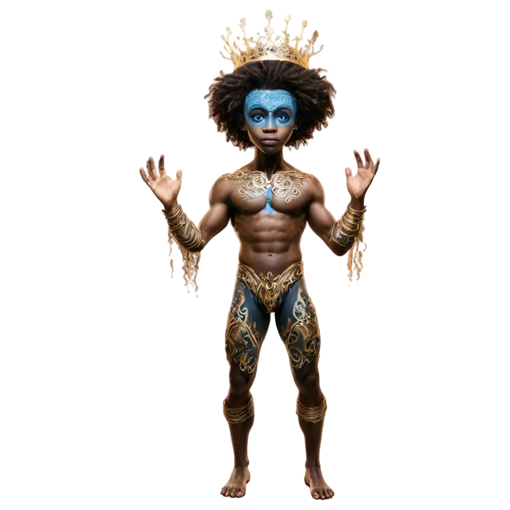 A 25-year-old Afro muscular male, but not human—an extraterrestrial being with a powerful, sculpted physique. His skin shimmers with an iridescent hue, shifting between deep obsidian and cosmic blue, glowing subtly under alien bioluminescence. His eyes are larger than human eyes, with vertical pupils that emit a soft golden light. Instead of hair, his head features a crown of bioluminescent tendrils that pulse with energy. His arms and legs are slightly elongated, with intricate tribal-like markings that glow faintly, revealing an advanced, unknown lineage. His fingers are slightly webbed, ending in sharp, crystalline claws. He stands in a T-pose, showcasing his powerful form, with his chest adorned by natural, armor-like plating that appears organic yet metallic. The background is a dark, misty alien landscape with a faint nebula swirling behind him, giving an otherworldly and majestic presence. Would you like any additional features, such as armor, weapons, or specific facial structures?