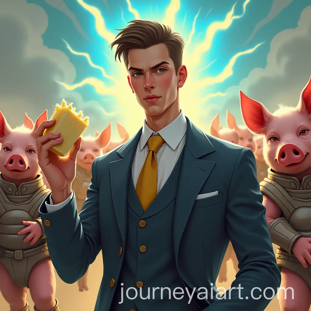 Teenager-in-Classic-Suit-Holding-Lard-Surrounded-by-Armored-Pigs-with-Blue-and-Yellow-Aura