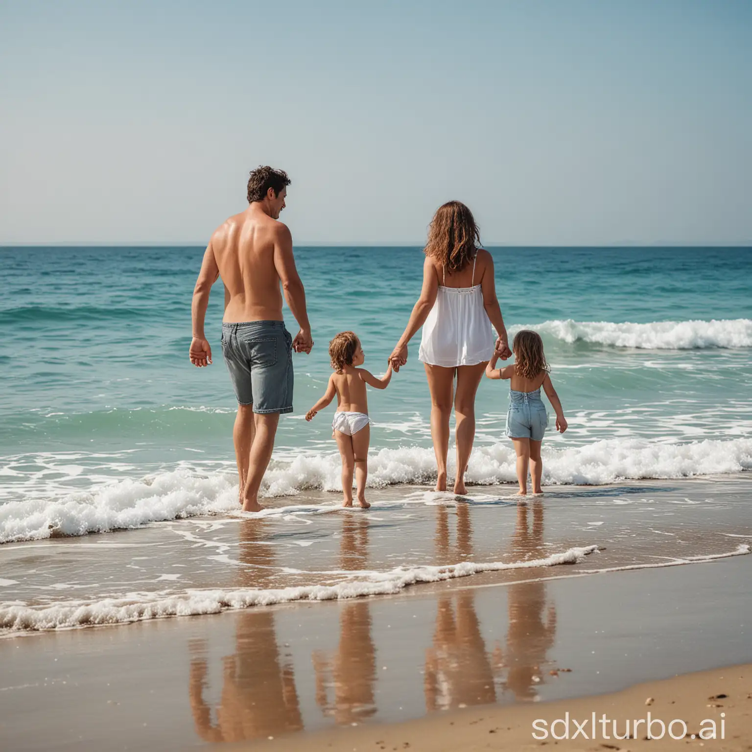 A family of four, father mother and children, hand in hand happily playing at the blue sea beach