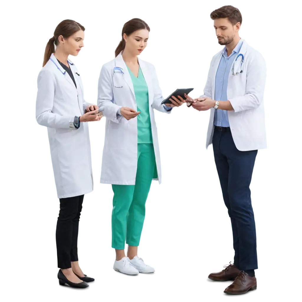 Generate a realistic photo-style image featuring a male and female doctor standing with a patient, collaboratively working on health data exchange. The scene should have a modern medical setting, such as a high-tech hospital or a digital health lab. The doctors should be wearing professional white coats, while the patient is engaged in the discussion, possibly seated or standing beside them. They should be interacting with a digital holographic interface displaying health records, AI diagnostics, and biometric data in an intuitive and futuristic way.   The image should have a color scheme of Paris green, white, and light grey, giving it a sleek, high-tech, yet calming aesthetic. The lighting should be soft and natural, enhancing realism, with subtle reflections on glass surfaces or medical screens. The focus should be on the human-AI collaboration, where the AI system assists in real-time health analysis, ensuring a balance between technology and human expertise.