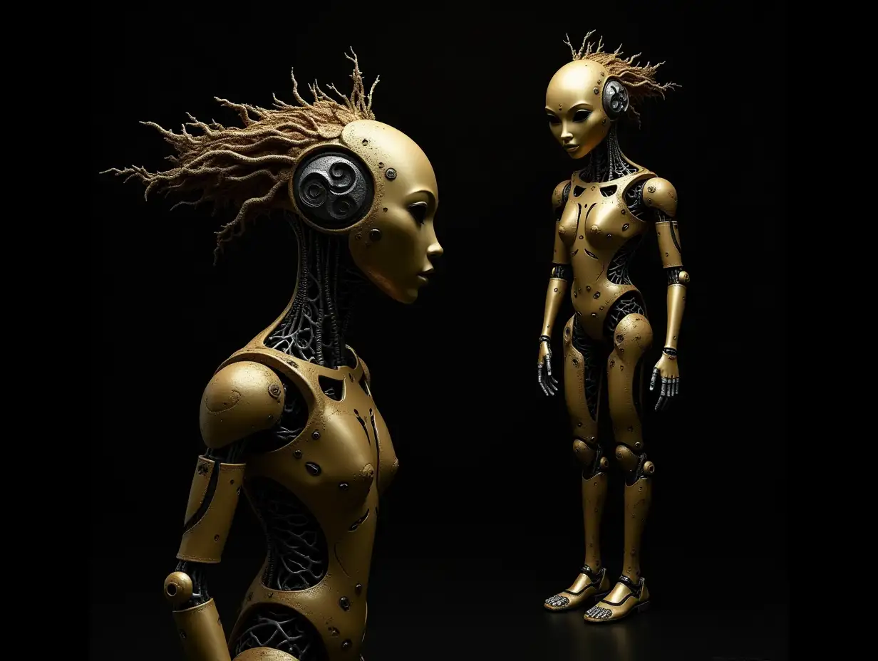 rotgoldenem Complex-Horizon-Fractals humanoid robots with Complex-Horizon-Fractals body and Fracta-Bald with root on the head, against black background