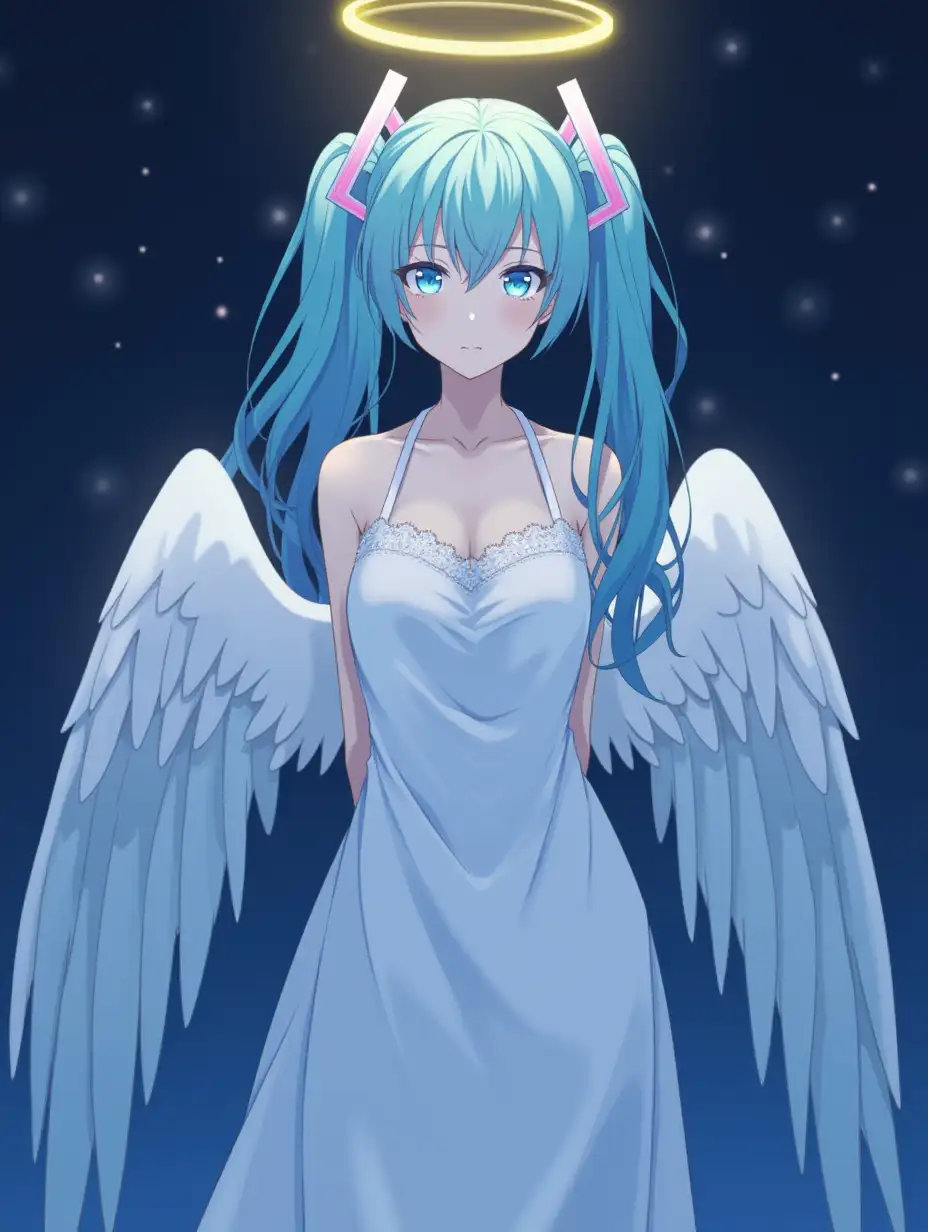 masterpiece, best quality, hatsune miku, white gown, angel, angel wings, golden halo, dark background, upper body, closed mouth, looking at viewer, arms behind back, blue theme, night, highres, 4k, 8k, intricate detail, cinematic lighting, amazing quality, amazing shading, soft lighting, Detailed Illustration