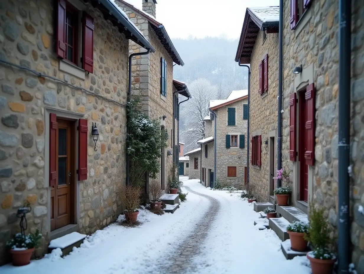 glimpse of an internal street of a village with stone houses, with snow, Ligurian hinterland Italy.