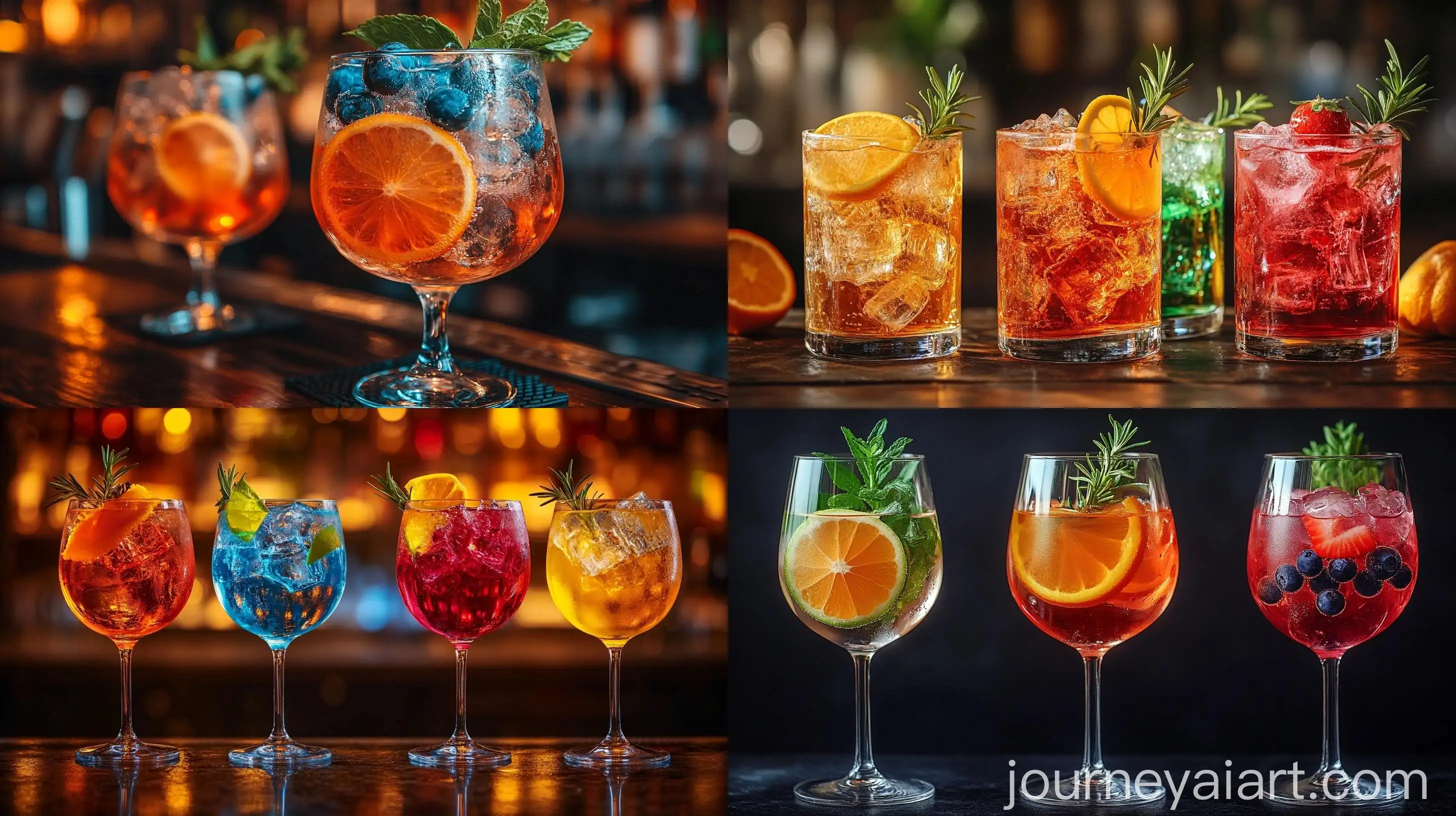 Colorful-Gin-Tonic-Cocktails-on-Bar-Counter-in-Pub-or-Restaurant