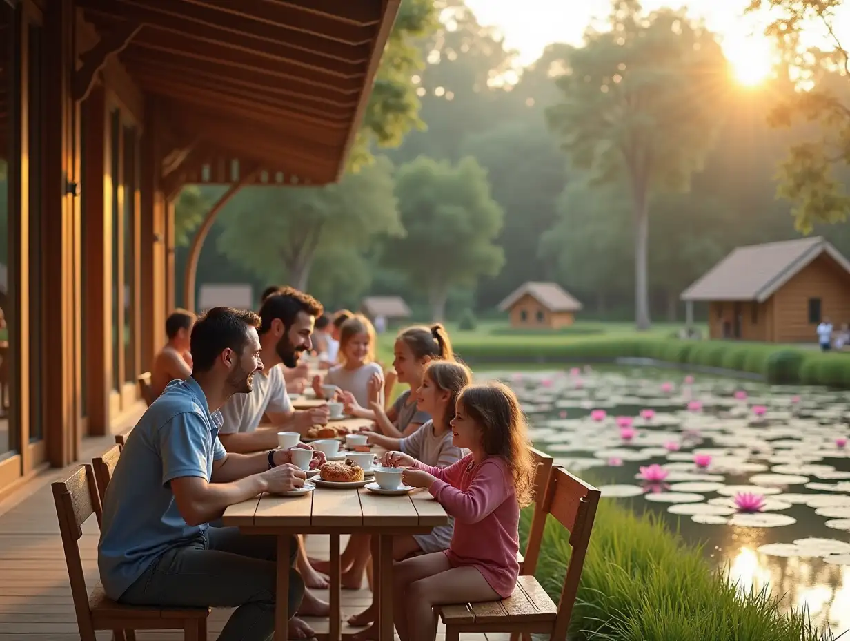 a cheerful family of a man and a woman and their three children of different ages are sitting on the veranda of a minimalistic coffeeteria design and drinking coffee from coffee cups from which steam is coming, they have a fragrant variety of hot pastries on the table, behind them on the same veranda there are also different people resting, and already in the background behind the veranda itself there is a huge eco-pond with crystal clear water and lots of pink lily pads and the pond has natural gently sloping grassy banks, similar to wild ponds, on the other side there are only 3 small one-storey chalet houses located away from the shore of the pond, these houses have the appearance of a one-storey chalet with a gable tiled roof, each roof slope is smooth without bending, these chalet houses are built from a system of wooden beams consisting only of vertical wooden beams, and only in the half-timbered style and glass walls between the glass beams - these are panoramic windows in all walls from floor to roof, that is, each wall is a panoramic window, at sunset and in the reflections of sunset light, the foreground view is in focus, and the background - blurry, realistic