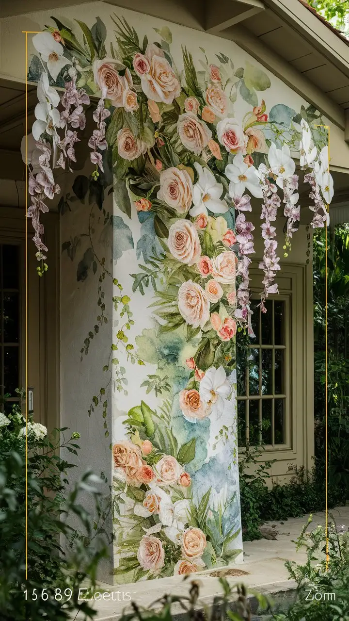 Wide open shot, real photo of a house exterior with a floral cascade mural, watercolor style, roses, lilies, orchids, soft hues, romantic, tranquil, organic feel, daylight, garden setting, no people --ar 16:9 --zoom 1.5 --v 6