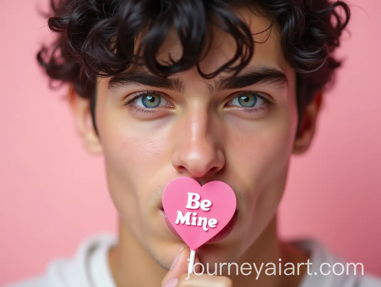 Handsome-Young-Man-Holding-HeartShaped-Lollipop-with-Flirty-Expression-in-Romantic-Valentines-Day-Setting