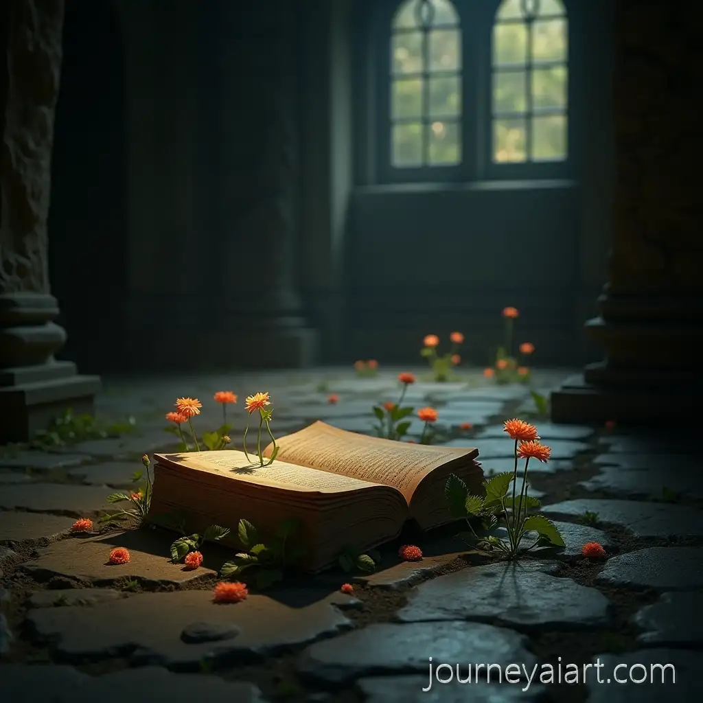 MysticalMystical-Ancient-Book-Scene-Ancient-Book-Surrounded-by-Sprouting-Flowers-in-Dark-Fantasy-Hall