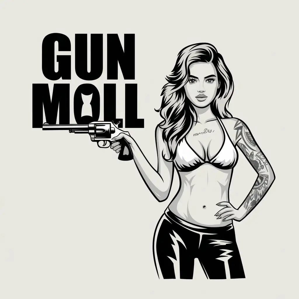 a vector logo design,with the text "Gun moll", main symbol:Beautiful young slim tattooed girl Instagram model Joane Kisses, pontytail long blonde hair stands in a white bikini top very large bra and leather leggins, gigantic natural bra, pump nice butt, with a classic big peacemaker revolver in her hand,,Moderate,clear background