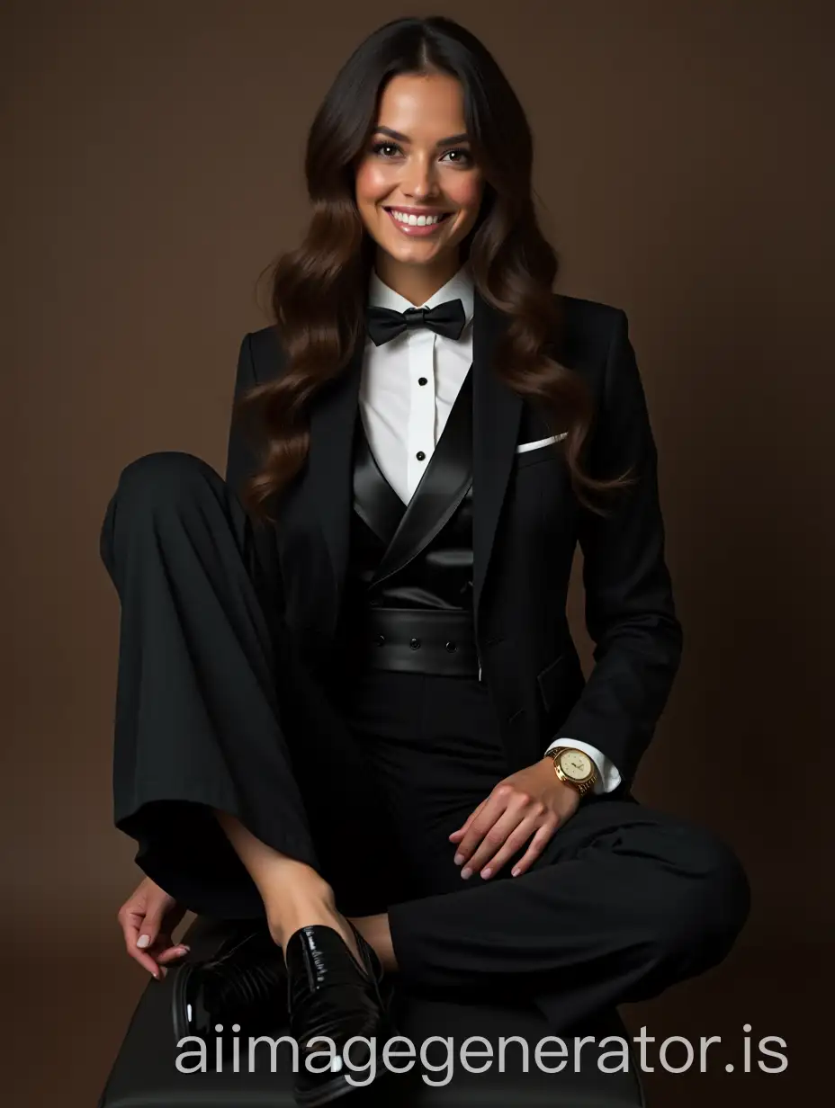 Elegant-Woman-in-Black-Tuxedo-with-Patent-Leather-Shoes-and-Gold-Watch