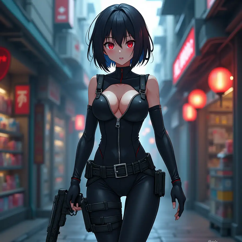 Short hair, mature Asian woman thief cyber runner in a dynamic full-length pose, eyes with red electronic pupils, large breast, extreme skintight body glove zipped down with cleavage, combat boots and combat belt. Full view of her body from boots up, low wide angle. Future store filled city alley street. Anime