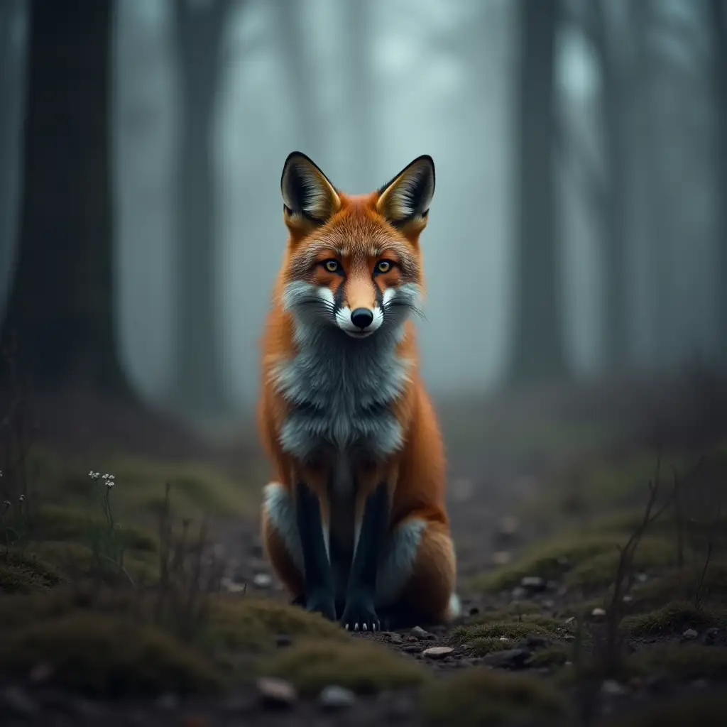 A melancholic fox, sitting in a misty forest clearing, looking intensely at the camera, conveying a sense of mystery and solitude. Soft, diffused light.