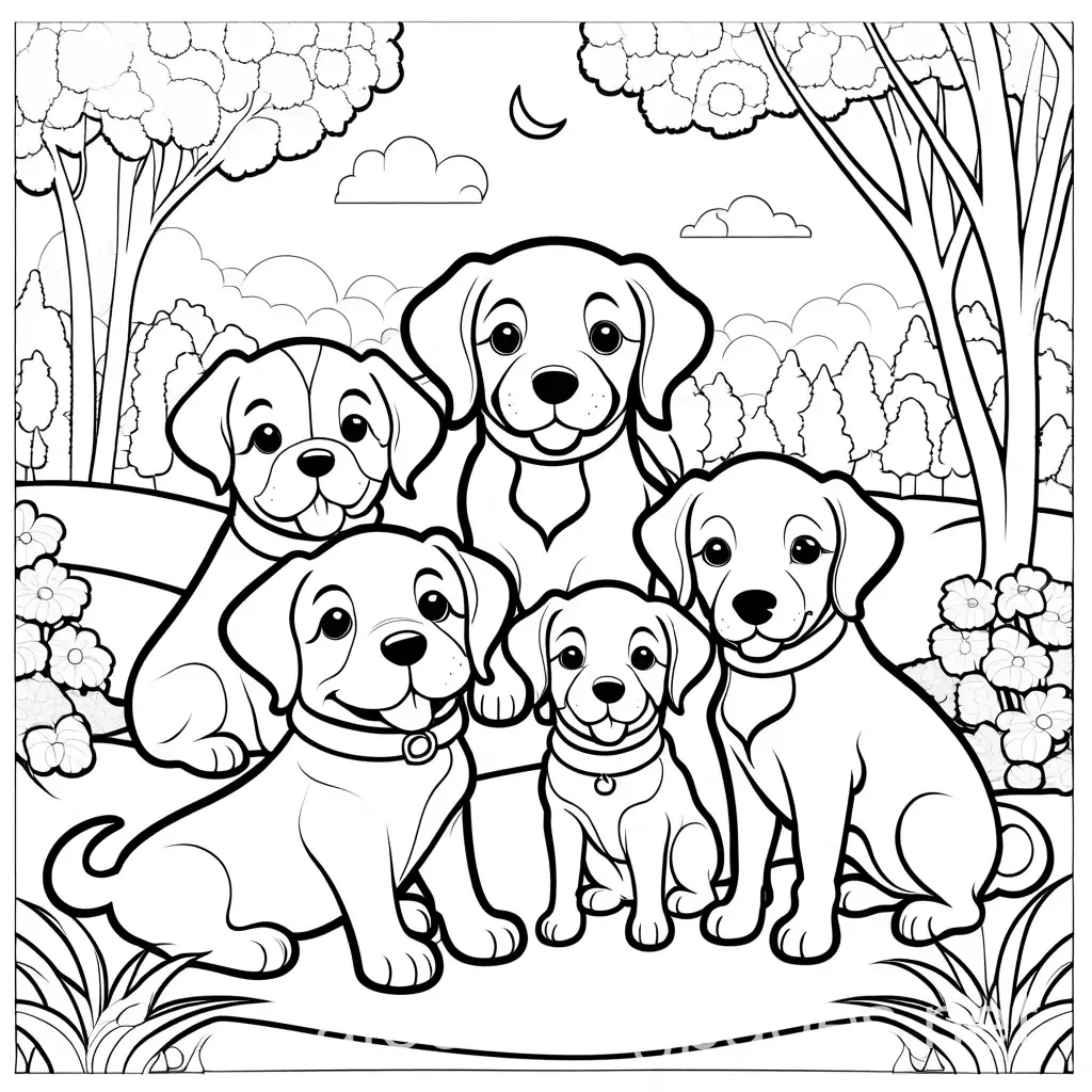 Happy-Puppies-Playing-in-the-Park-KidFriendly-Coloring-Page