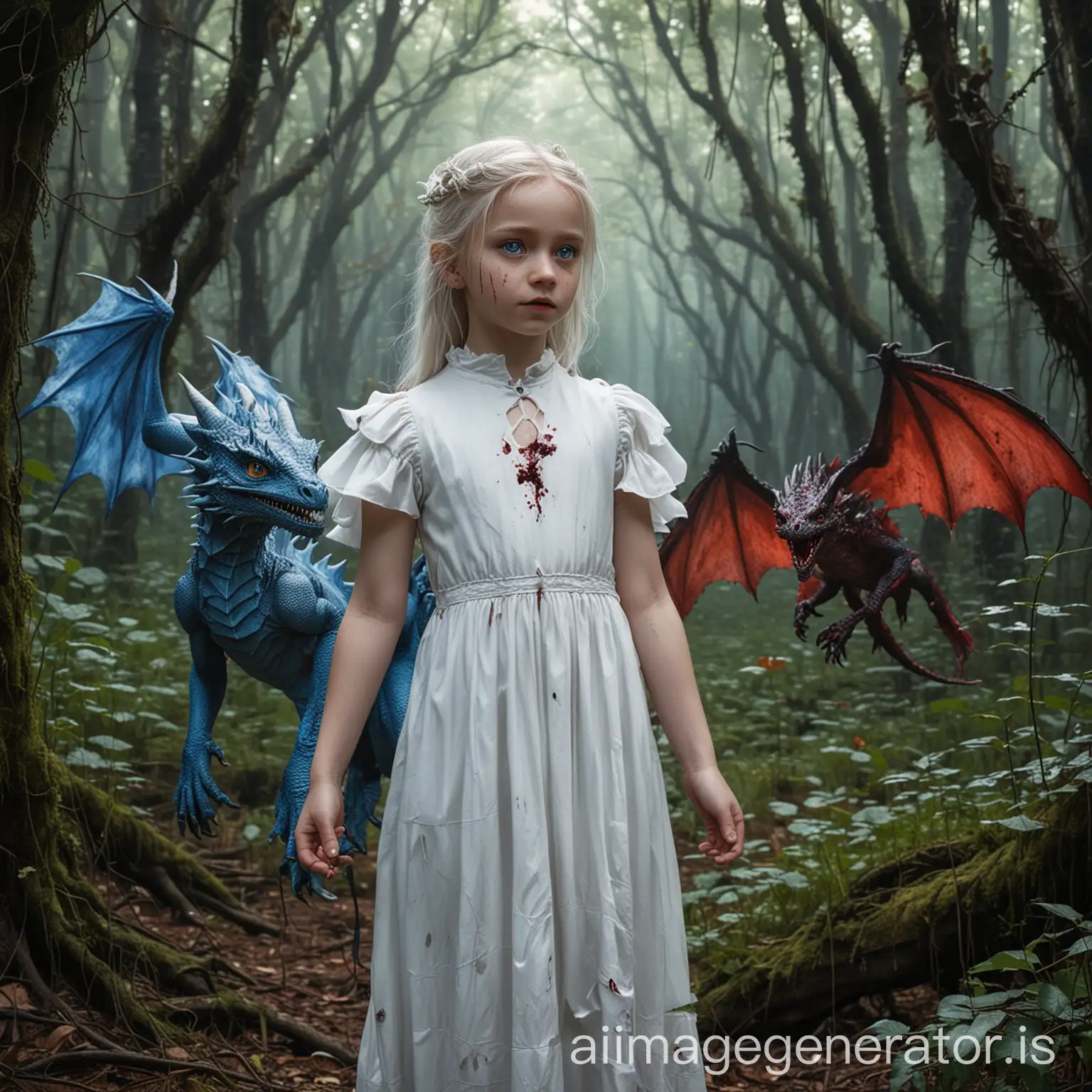 a girl with dragon wings standing in the forest. Blue eyes. white dress with blood stain. in the vine forest with a baby fiercy dragon standing on her neck