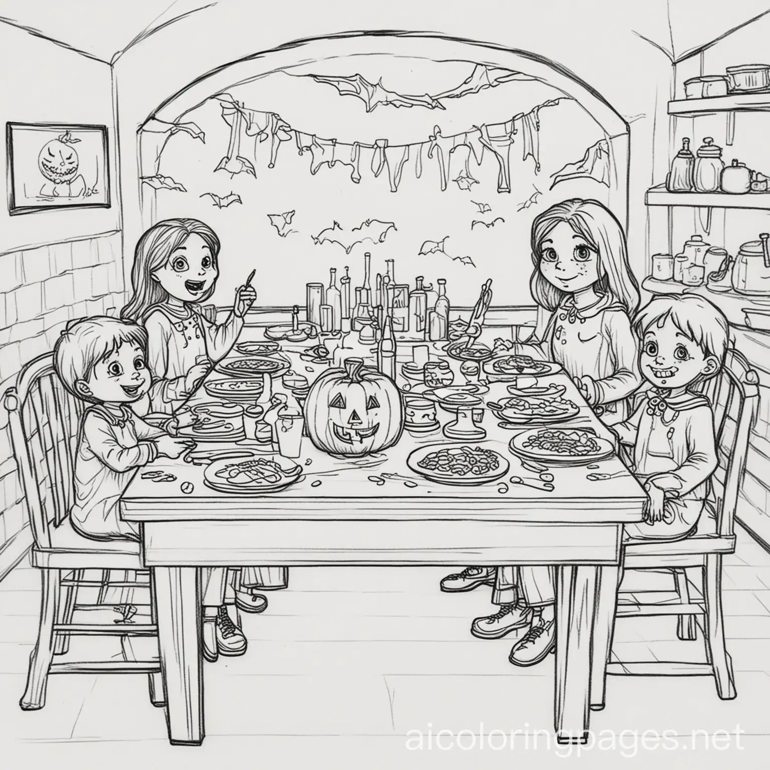 Halloween-Lunch-Table-Coloring-Page-in-Black-and-White