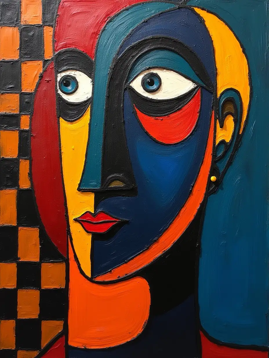 A picture in a checkered pattern, stripe, primitively schematic, minimalism, avant-garde, face, portrait, huge looming eye, ritual mask, darkness in the style of Kandinsky, Malevich, simplify for a beginner artist with acrylic many colors, constructivism abstractionism, gloomily