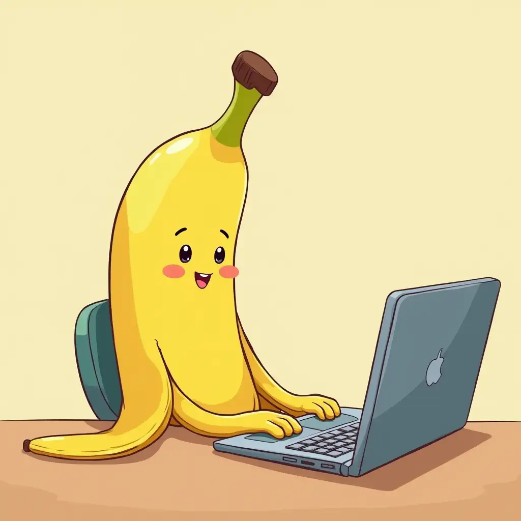 A cute anime style banana typing on a laptop