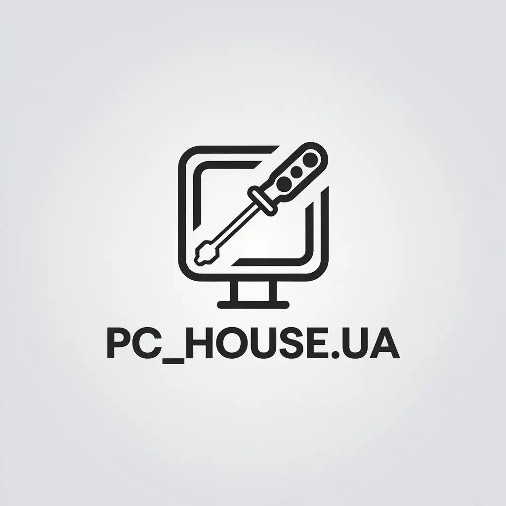 a vector logo design,with the text "PC_HOUSE.UA", main symbol:Computer, the logo should be related to assembly and repair,Minimalistic,be used in Technology industry,clear background