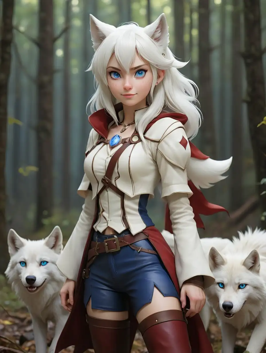 (((high resolution))), White mage's uniform, ((woman mage)), wolves white ears, forest, white hair, (only 1 woman), (blue eyes), red freckles, A slight smile, ((without humans ears)), ((beautiful face)), black leather Trousers, (((full body))), leather white boots, woman to hugs a wolf