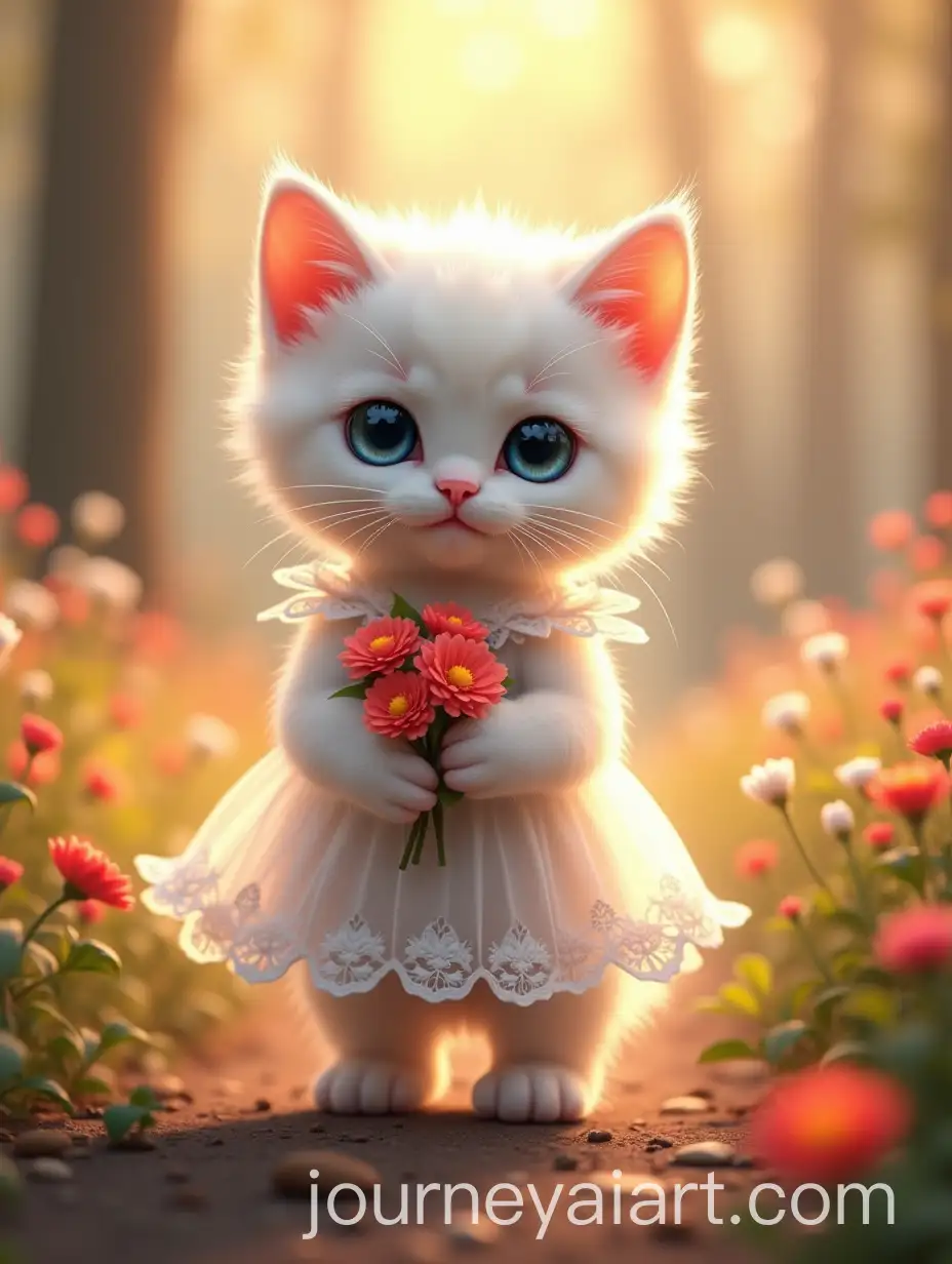 Adorable-WhiteAI-Image-Prompt-Expansion-Kitten-in-Lace-Dress-with-Bouquet-on-Sunlit-Forest-Path