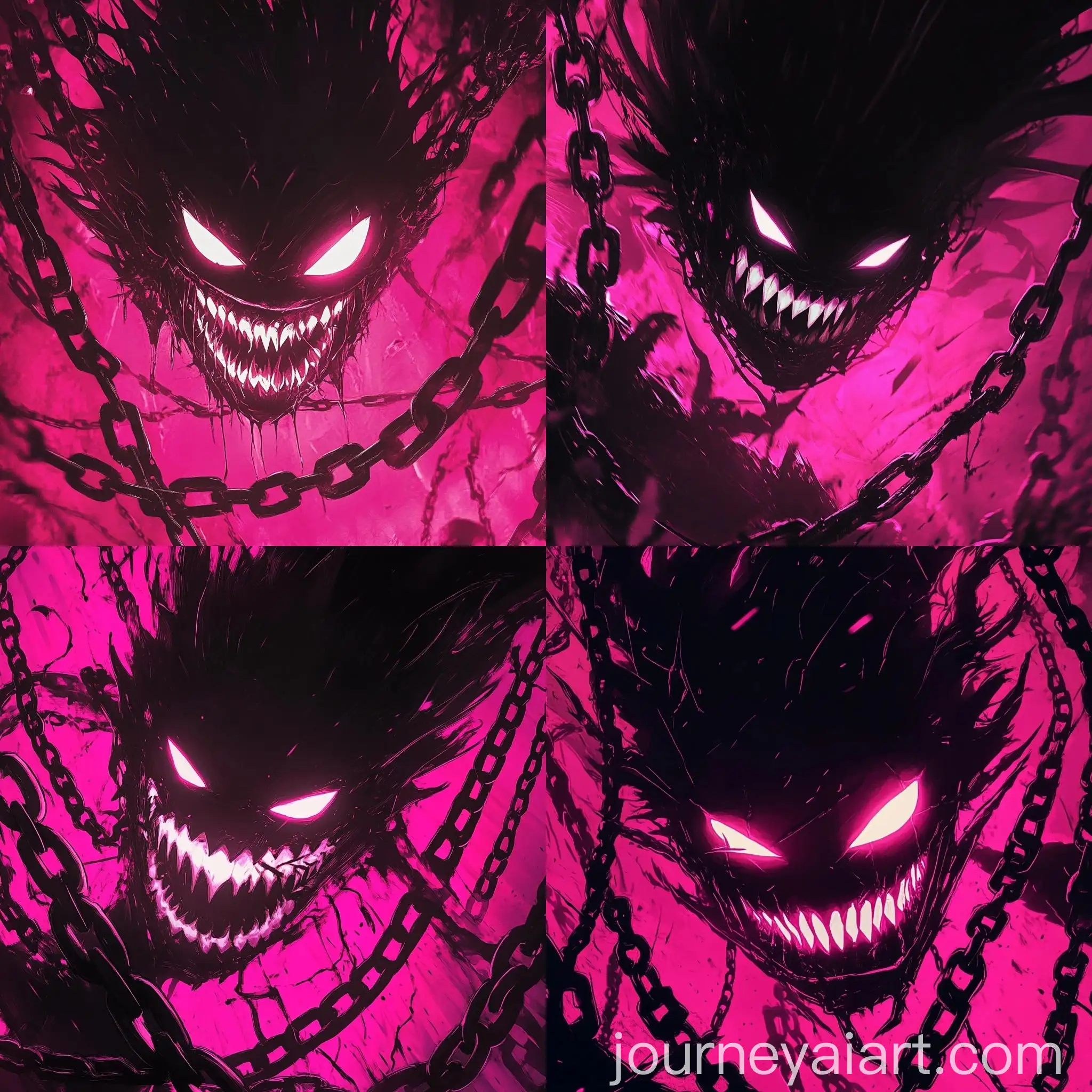 Menacing-Figure-with-Wild-Hair-and-Sinister-Smile-in-Pink-Chains