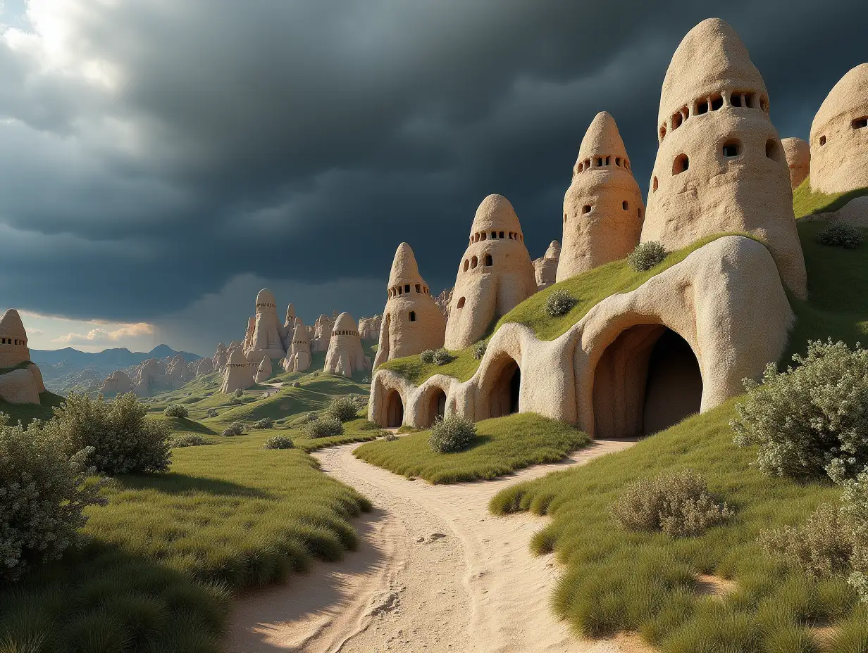 Create a highly realistic landscape with extremely realistic limestone rock formations covered with areas of green grass, high resolution and fine details, including doors and windows in every house like ultra-realistic houses in the style of Cappadocia, sandy and sandy ground with scattered bushes full of extremely realistic flowers. A large, wide and deep crack on the ground releases a large mass of boiling lava. In the distance, a great storm approaches, consisting of dark and dense hyper-realistic clouds and high-resolution details.