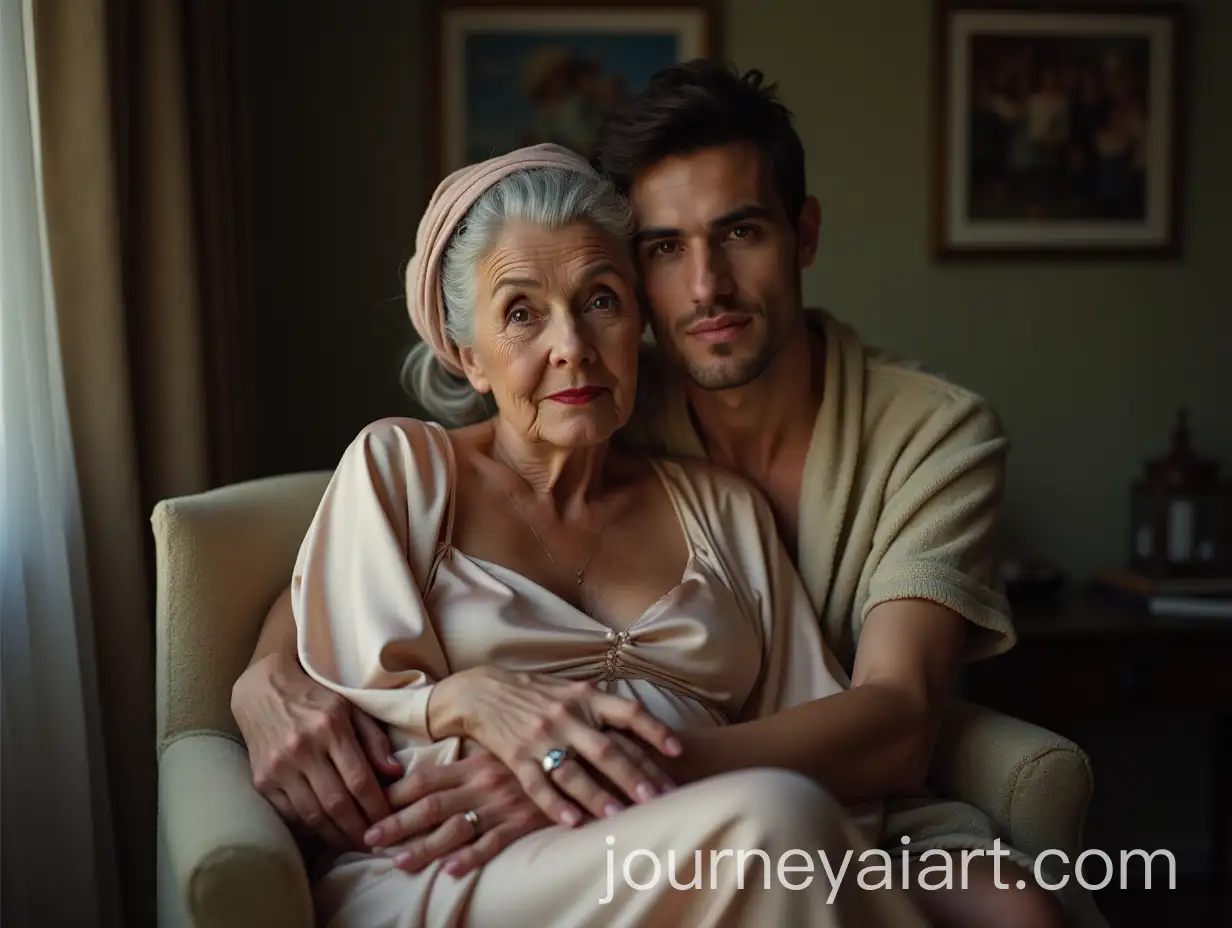 Elegant-Older-Woman-in-Silky-Nightgown-with-Young-Man-Embracing-Her