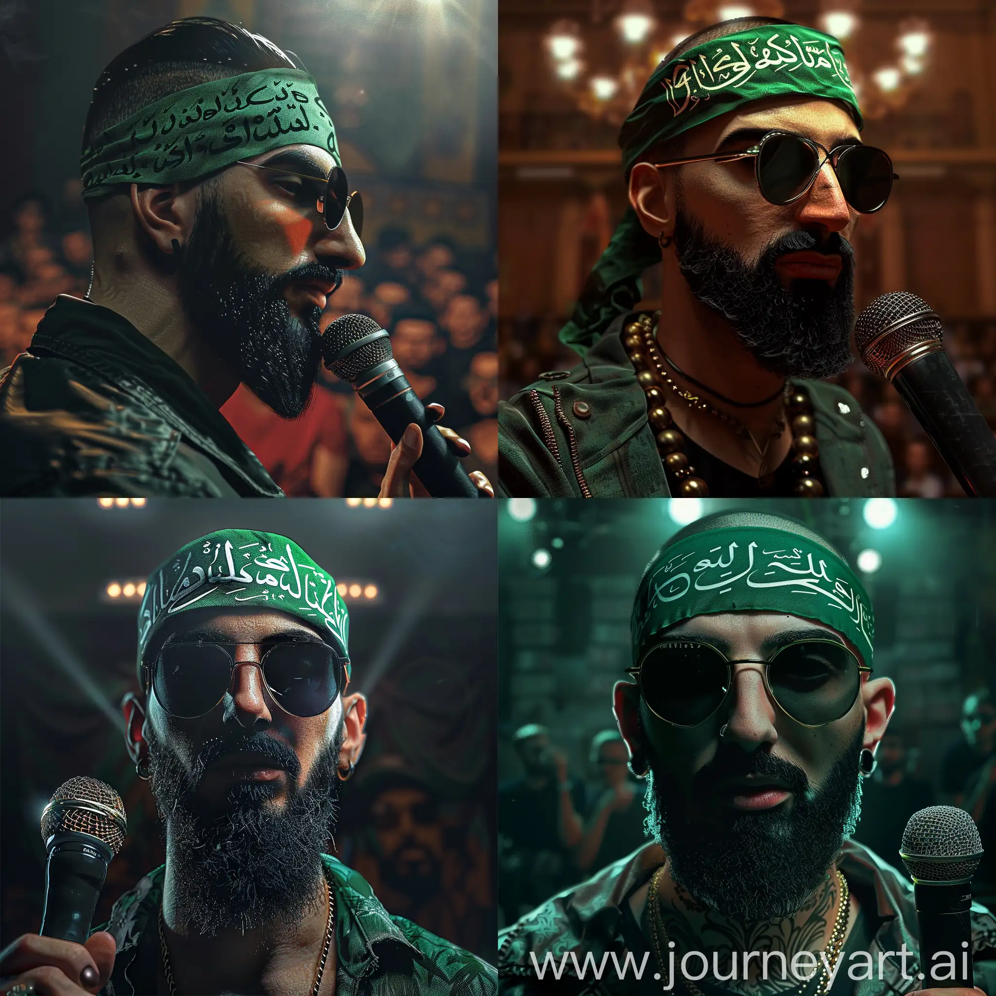 Bearded-Man-with-Green-Bandana-and-Microphone-in-Empty-Hall