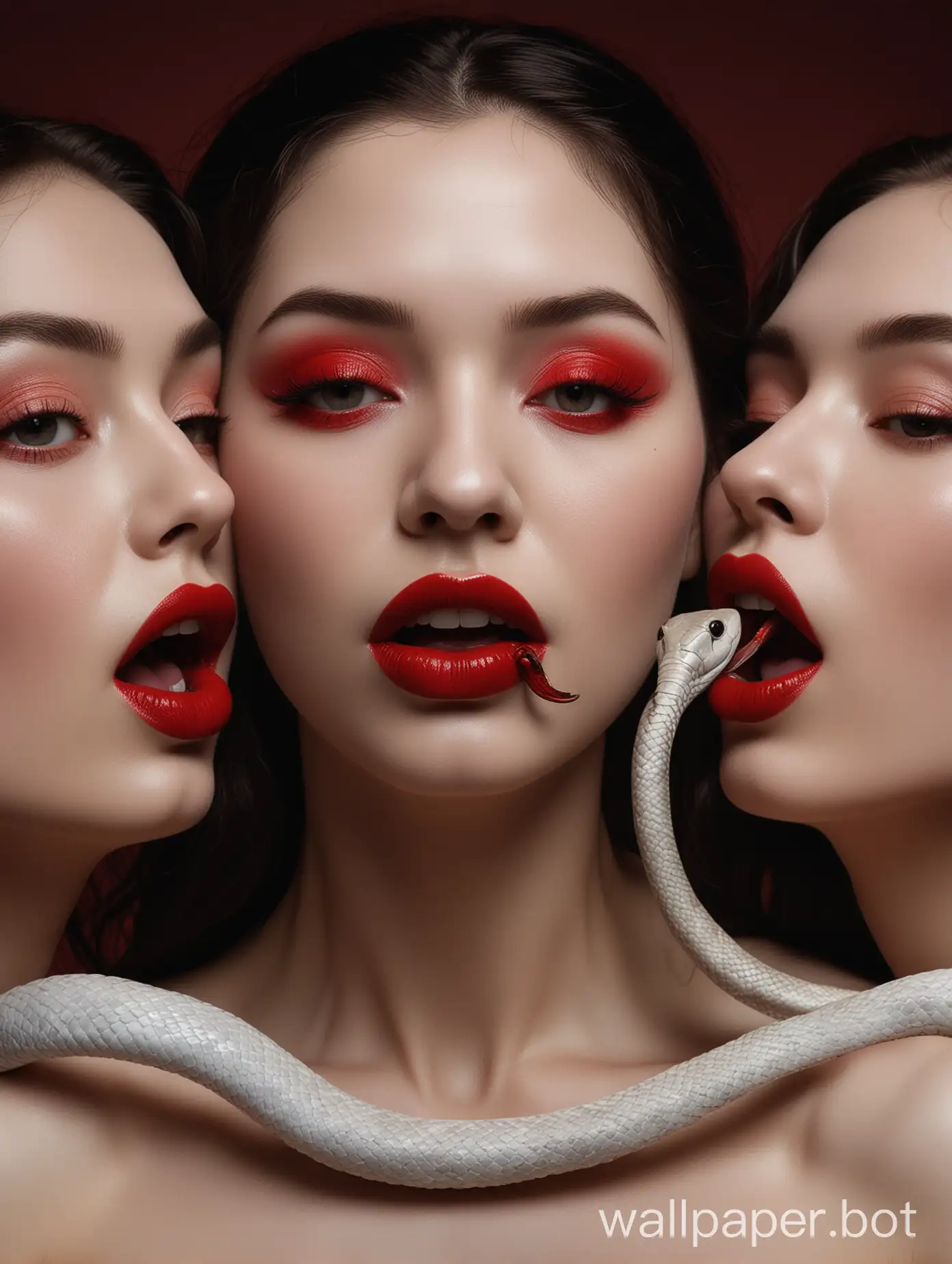 Three women, each with bold red lips, are facing towards the center, where a white snake is positioned in their mouths, symbolizing temptation and danger. The snake’s body is shared between them, with its head in the center, tongue slightly protruding. The women's skin tones range from light to dark, creating a gradient effect. The image has a surreal and dramatic style, with shadows emphasizing the contrast between the women’s red lips and the pale, almost glowing snake. The composition is minimalist, with a focus on the tension, connection, and symbolism of the interaction. The overall mood is mysterious and unsettling, with high contrast and a muted, dark background.