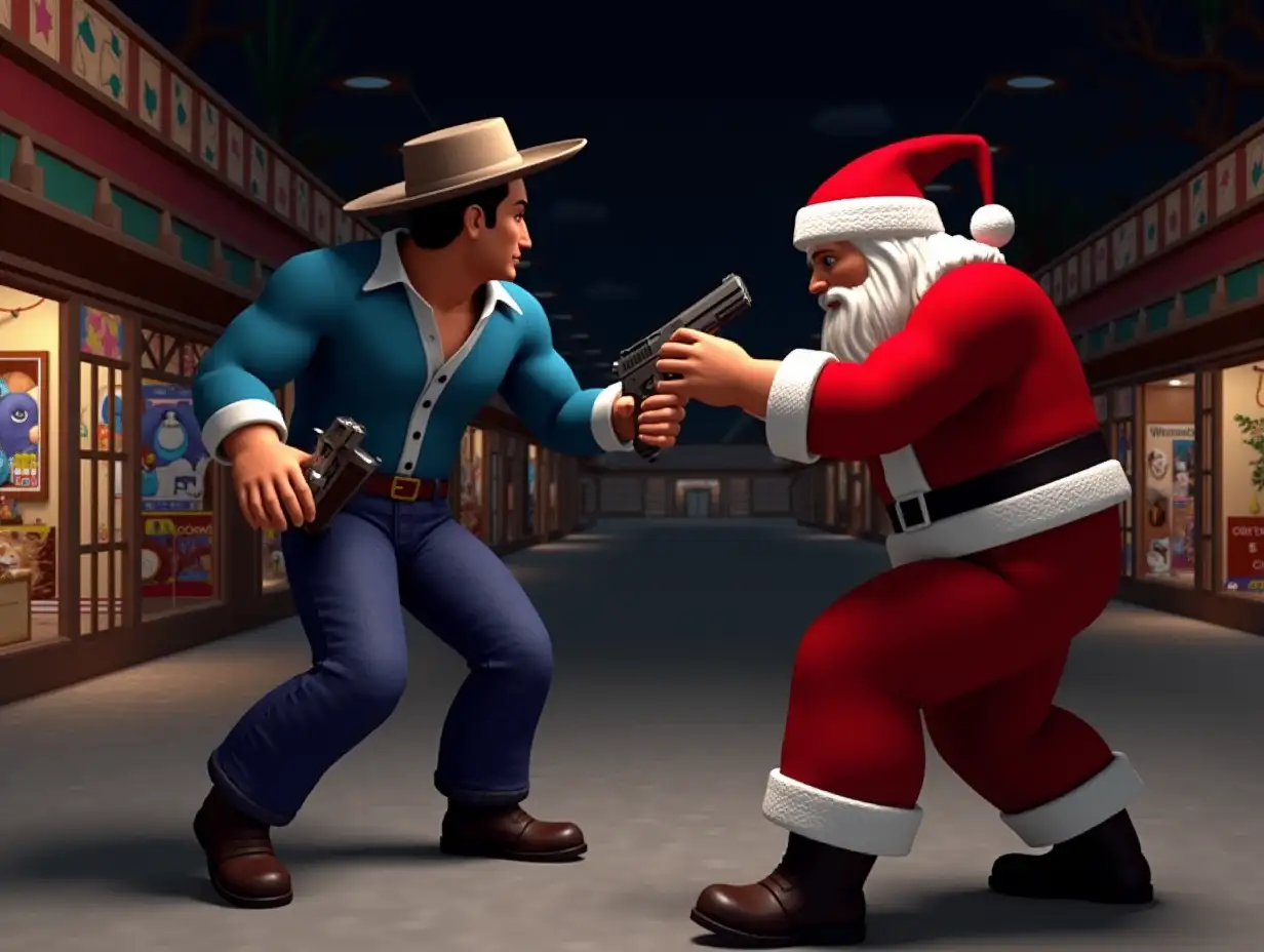 1990s 3D ps1 styled Gameplay screenshot for PlayStation featuring a 3D polygonal characters models of a cowboy in a hat blue long sleeve shirt and red long pants holster fights a criminal dressed as Santa Claus in an abandoned toy store at night in a mall  1990s 3D polygonal style video game 3rd person fighting game 3rd person 3D Beat em up 1990s graphics retro style game 3D 3rd person survival horror game 3d 1990s PlayStation One Graphics