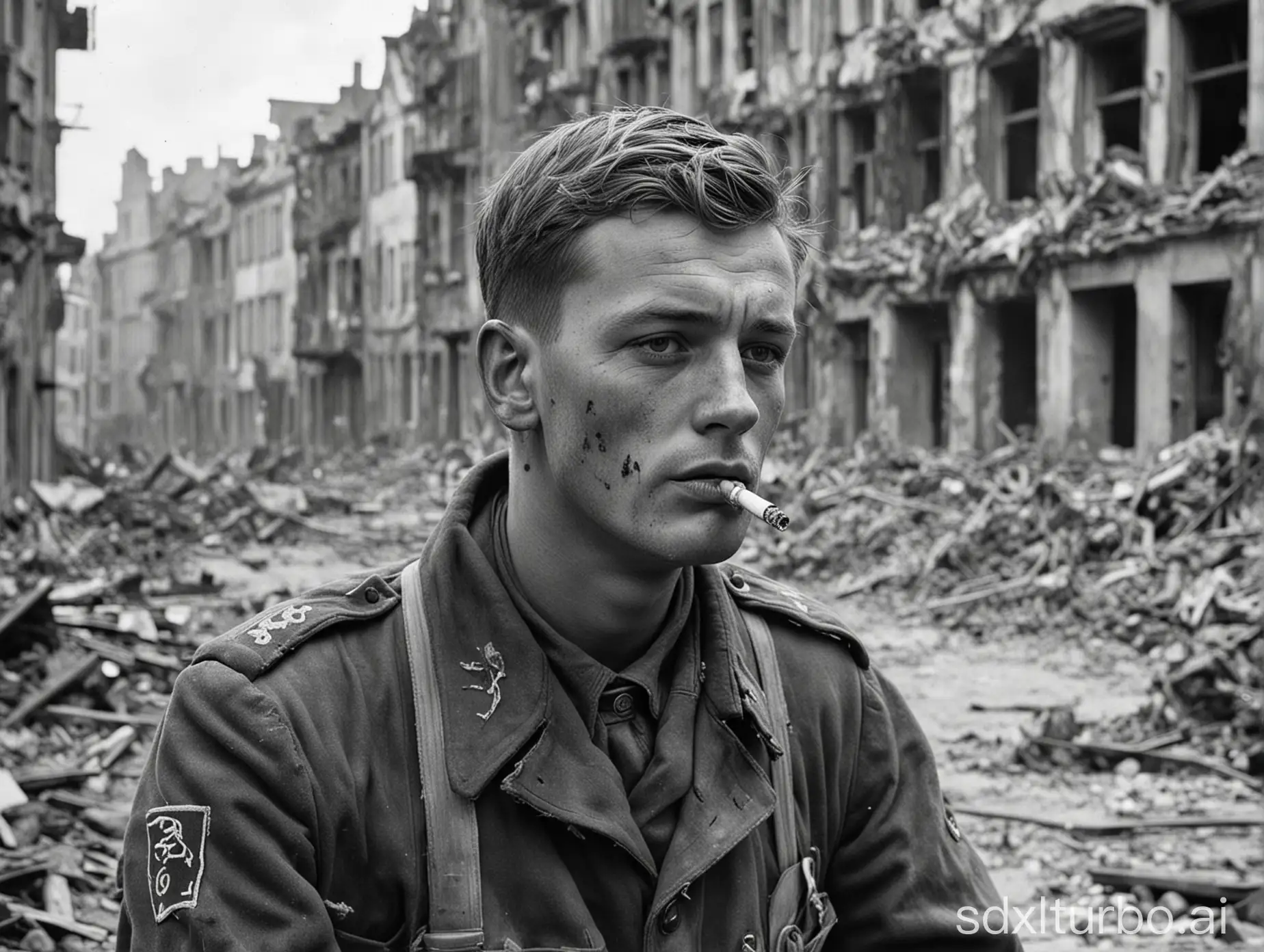 German-Soldier-Smoking-Break-Amidst-WWII-Devastation