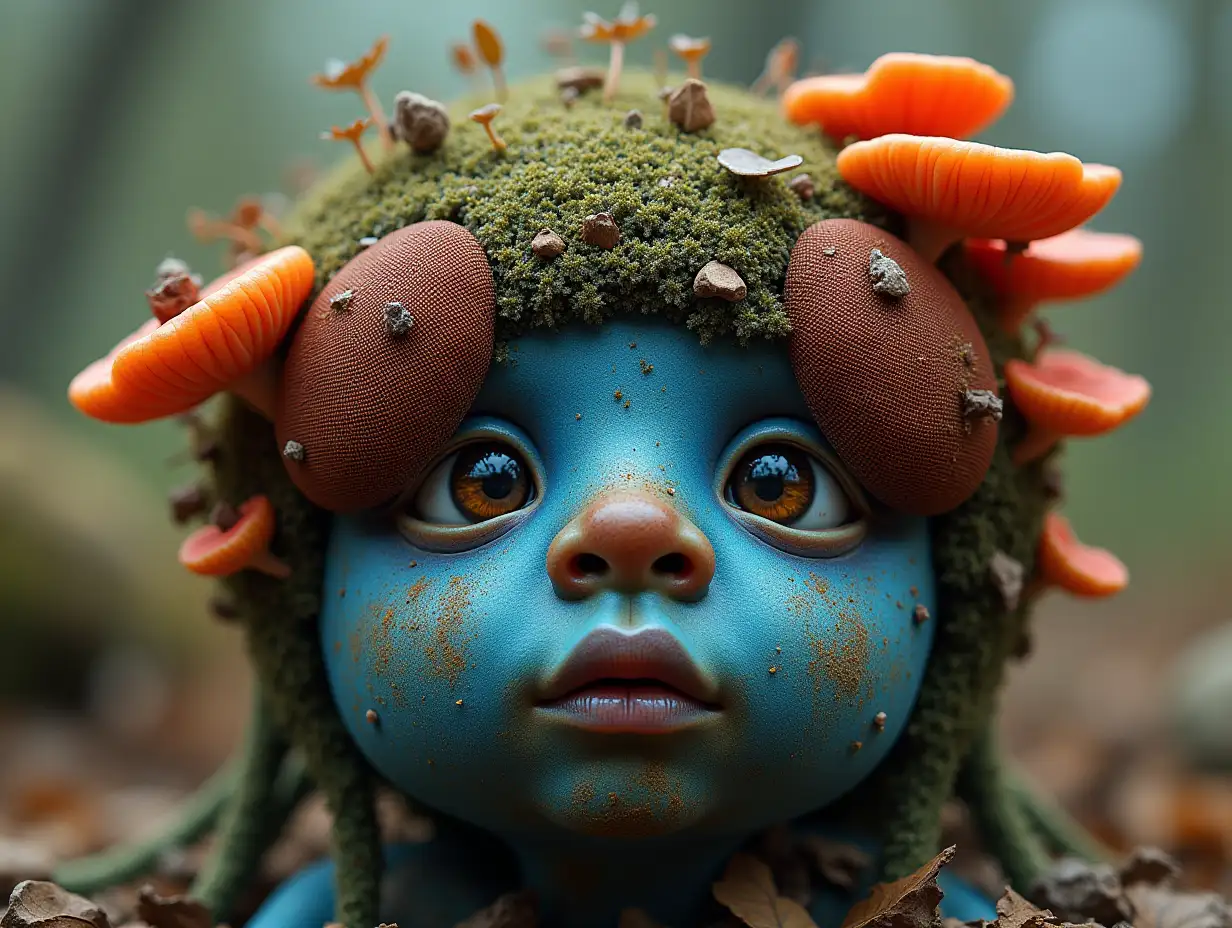 Face with blue Fly AgaricnRoots transformed into building