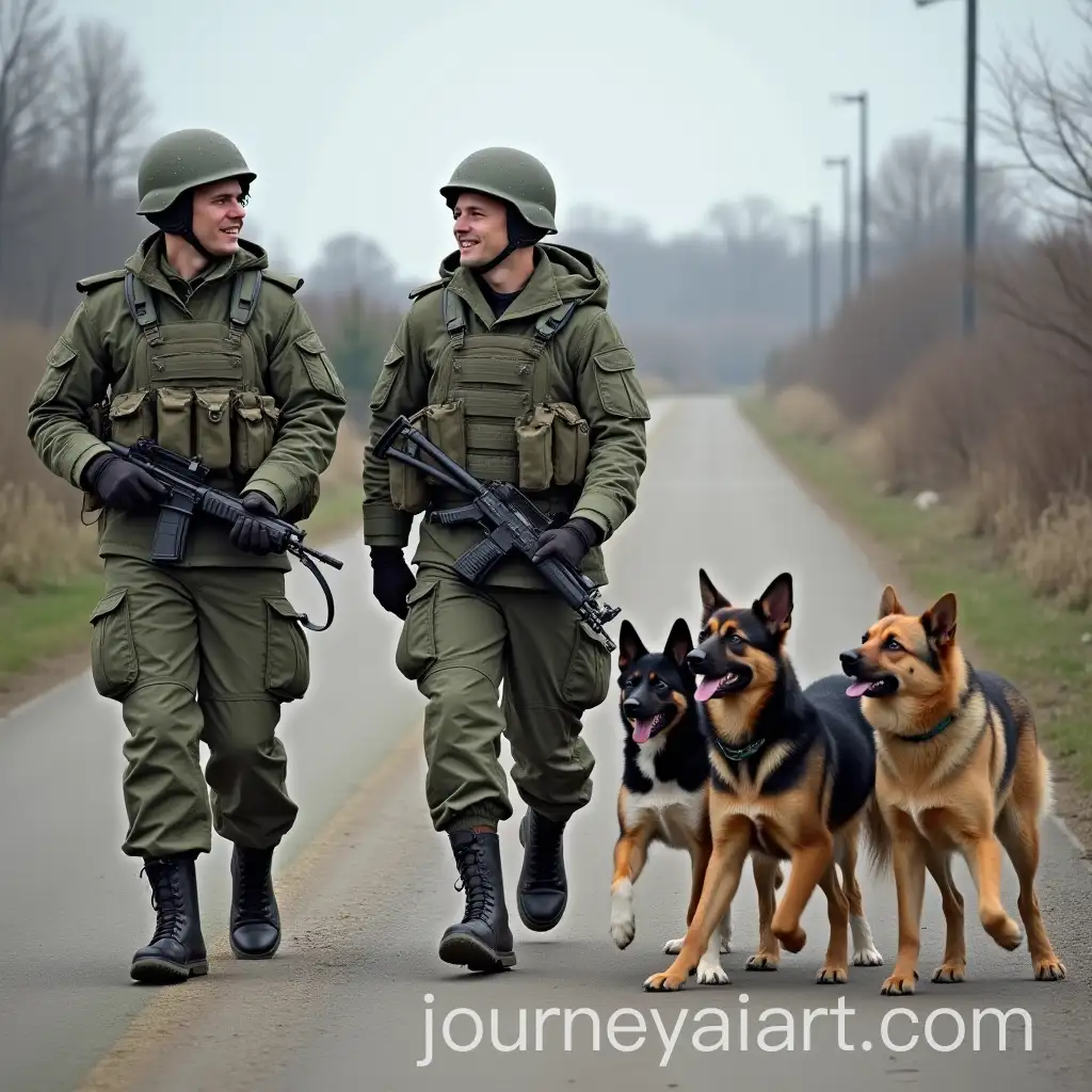 Russian-Soldiers-Smiling-at-a-Group-of-Stray-Dogs-Passing-By