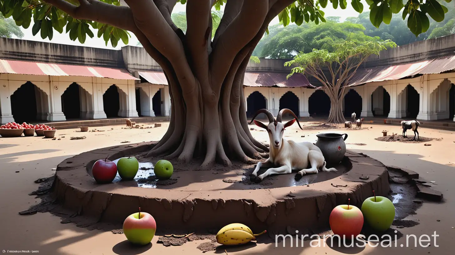 Ashram Courtyard Scene with Goat Broken Pots and Fruit