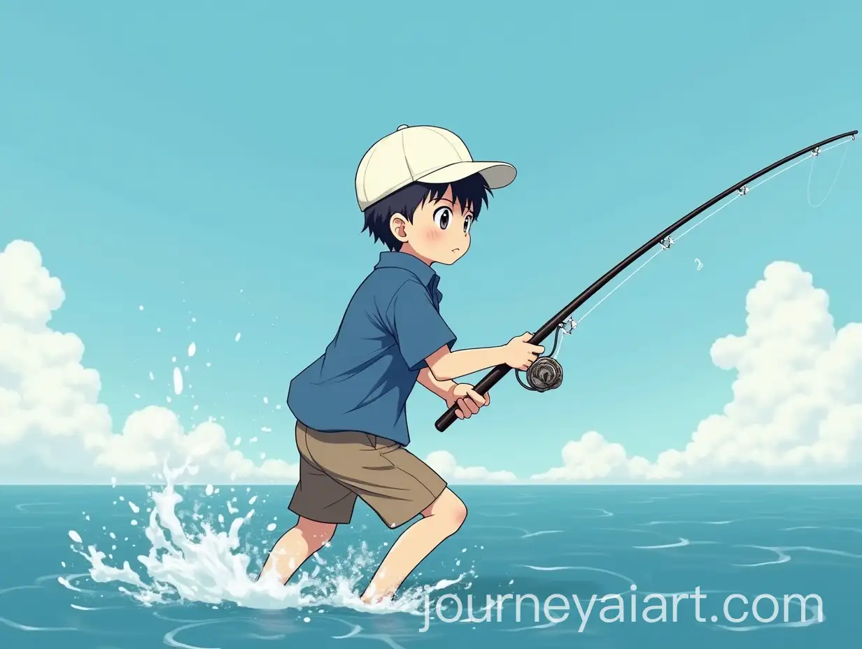Young-Makunouchi-Ippo-Fishing-in-a-Blue-Shirt-and-White-Hat