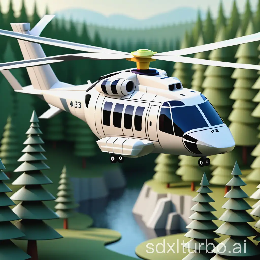 AW139 model flying in the air but in cartoon shape and the background is forest scenery