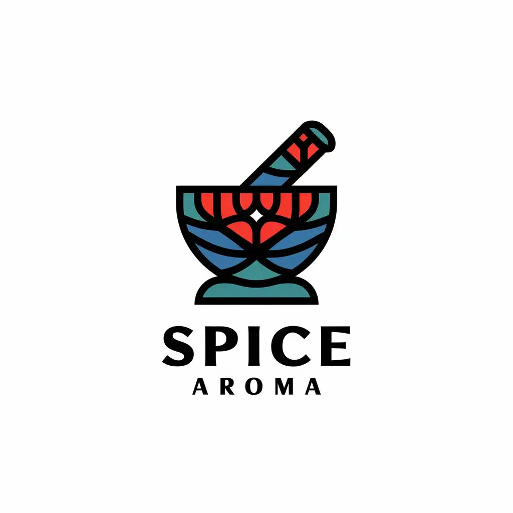 LOGO Design for Spice Aroma Magic Spice Mortar in Red and Blue on a Complex Clear Background