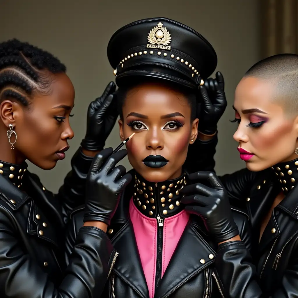 Three-Black-Women-Applying-Makeup-to-Cynthia-Erivo-in-Studded-Leather-Fashion