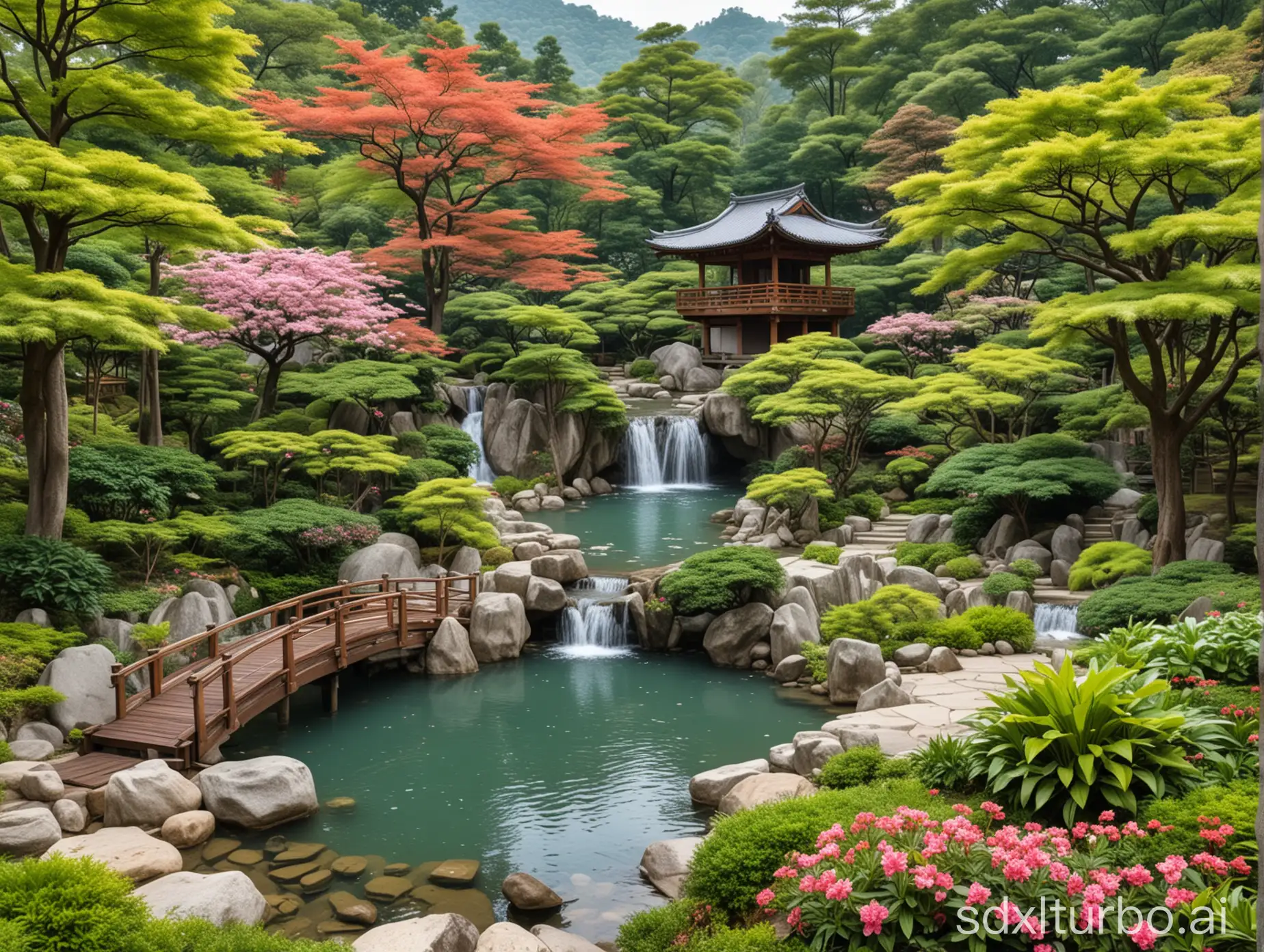 Scenic-Japanese-Garden-with-Waterfall-Koi-Fish-and-Ancient-Pavilion