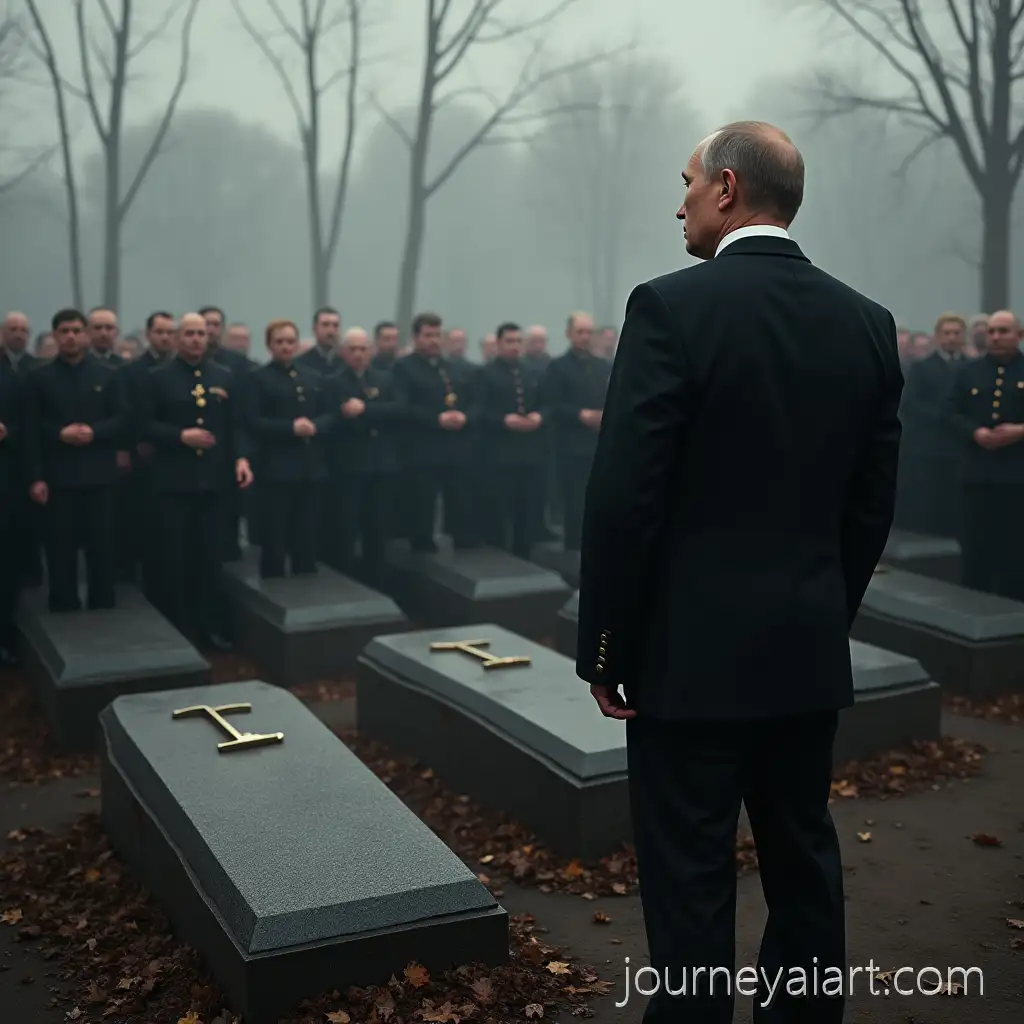 Vladimir-Putin-Standing-by-aPutin-at-the-Grave-Grave-in-a-Black-Suit-with-Multiple-Tombstones