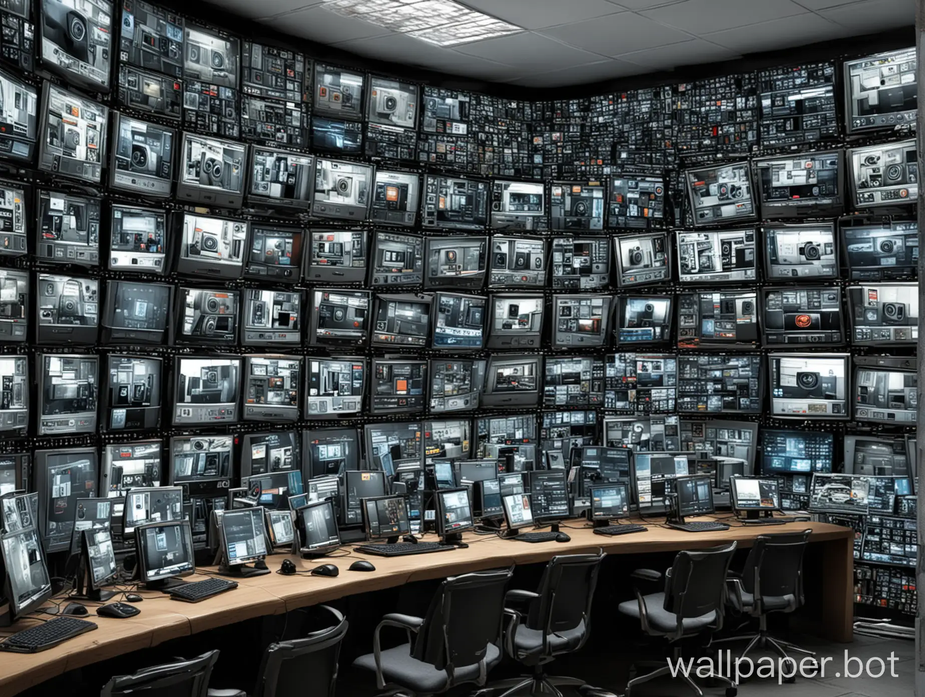 Create a wallpaper for a pc that has a wall of tv screens showing CCTV feeds run by robots