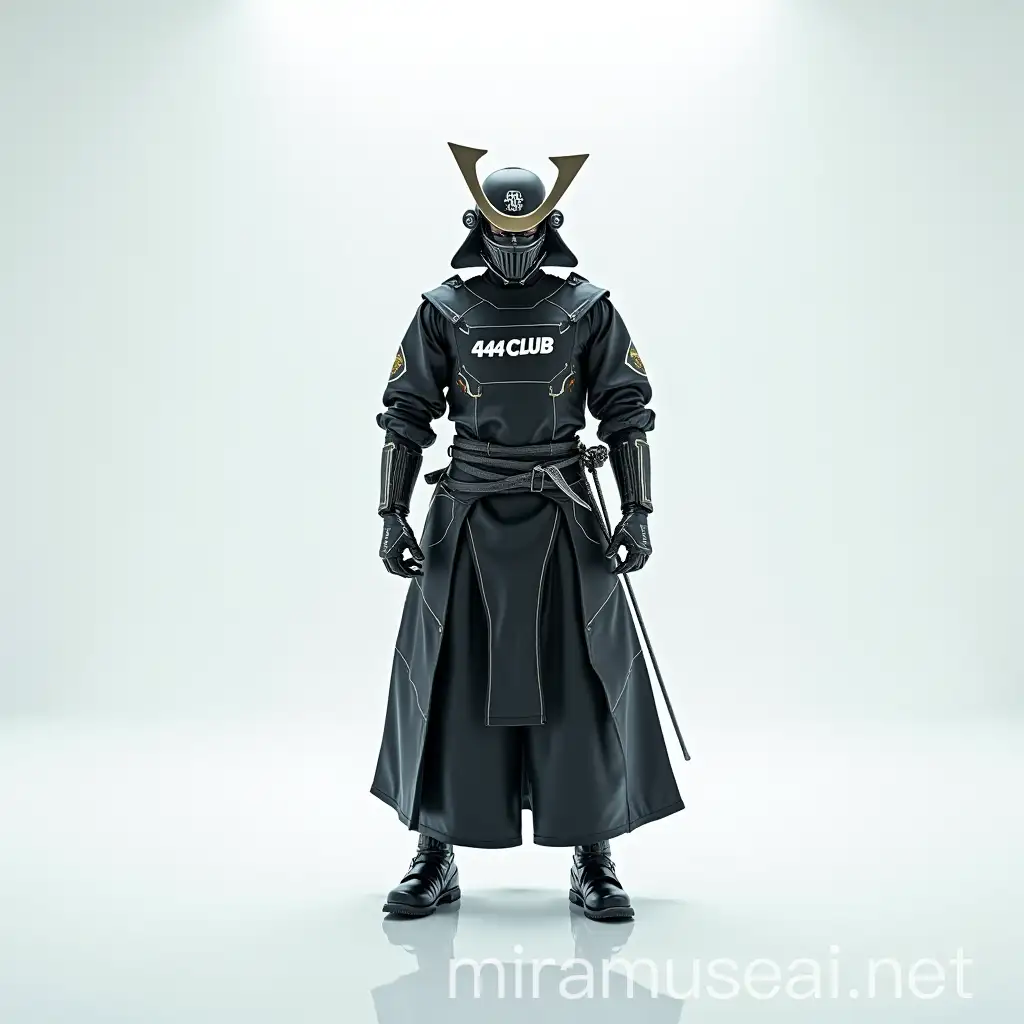 Futuristic Cyber Samurai in 444CLUB Suit Stands in Threatening Pose