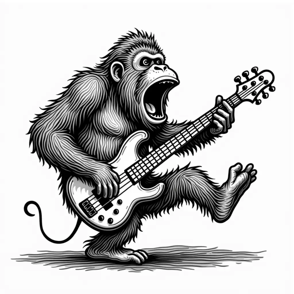 Full shot of a black and white illustration. A Orangutan is depicted playing an electric bass guitar. The Orangutan is in a dynamic pose, with its mouth open in apparent exertion or excitement.  Its paws are gripping the bass guitar.  The Orangutan's fur is rendered with detailed shading and texture, giving it a thick, shaggy appearance.  The bass guitar is depicted realistically, with strings, frets, and tuning pegs visible. The style of the illustration is reminiscent of a woodcut or linoleum print, with strong, bold lines and solid blacks and whites. The background is a plain, light gray.