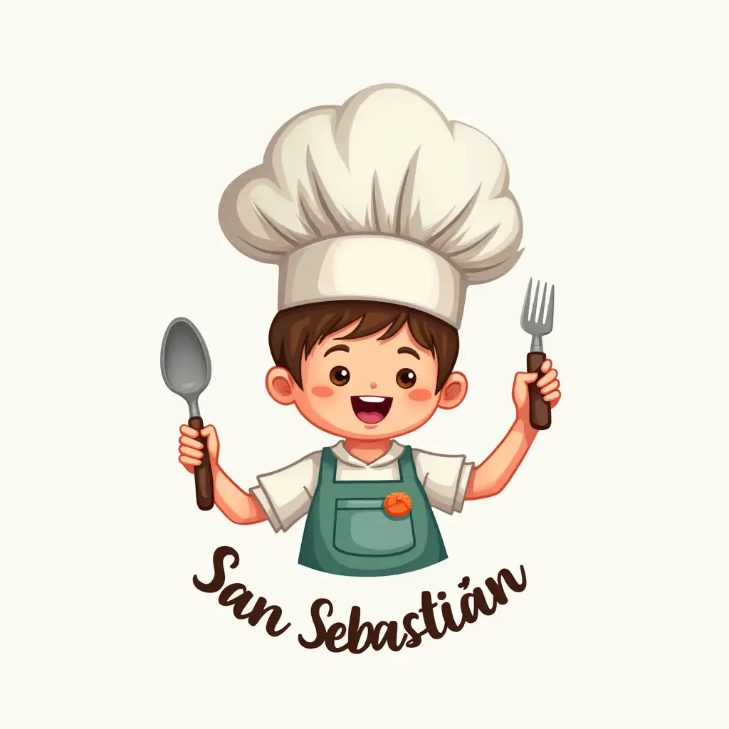 I want you to create a logo to be worn on a chef costume that will be worn by the students of a primary school of five years old. It should be a logo that hints at healthy cooking and is related to the school, students... Besides, it must be fun. Add the text: Restaurante San Sebastián