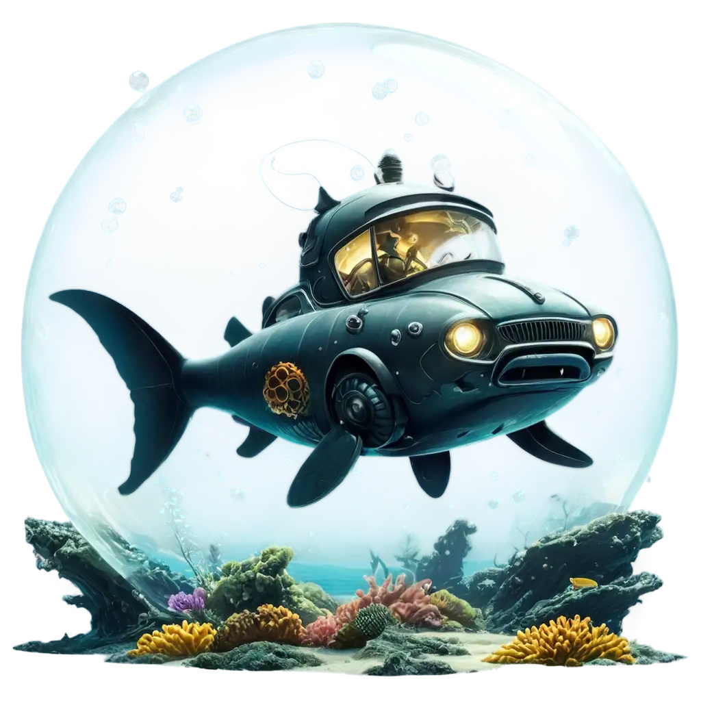 A retrofuturistic muscle car cruises through a bioluminescent coral reef on the ocean floor. The car's sleek chrome body is adorned with pulsating neon lights that mimic the surrounding sea life. Its massive wheels have been replaced with powerful turbines, propelling it through the water. The driver, visible through a clear bubble cockpit, wears a 1960s-style racing suit and helmet fused with deep-sea diving gear. Curious anglerfish and jellyfish swarm around the headlights, casting eerie shadows on a sunken ancient city in the background. The car leaves a trail of shimmering bubbles and revved-up plankton in its wake.